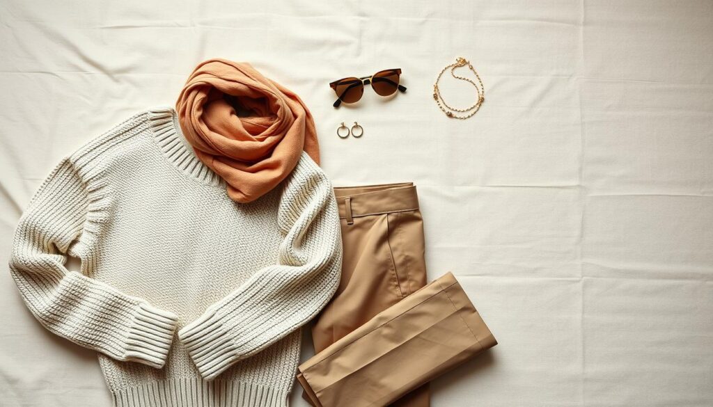 A beautifully arranged flat lay photograph featuring an assortment of stylish clothing items on a light, textured fabric background. The foreground includes a cozy knit sweater, a pair of tailored trousers, and a chic scarf, all artfully layered with subtle shadows. In the middle ground, include matching accessories like a stylish handbag, a pair of sunglasses, and minimalist jewelry, enhancing the overall aesthetic. The background features a soft, neutral color palette that subtly complements the clothing without overpowering it. Utilize natural, diffused lighting to create a warm and inviting atmosphere, with an emphasis on textures and colors. The image should evoke a sense of effortless chic and inspire viewers to imagine how to capture clothing effectively, focusing on clarity and professional presentation.