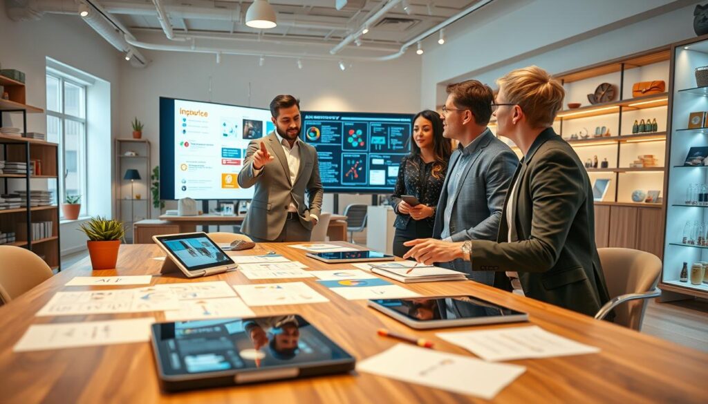 A bright, modern boutique workspace featuring diverse professionals collaborating on AI workflow examples. In the foreground, a stylish table is covered with digital tablets, flowcharts, and notes, illustrating different AI processes. In the middle ground, two individuals, one in a tailored suit and another in smart casual attire, discuss animatedly, pointing at a large screen displaying colorful infographics and diagrams. The background shows a creatively designed boutique, with shelves of curated products and a welcoming ambiance. Soft, warm lighting enhances the atmosphere, creating an inspiring environment. The camera angle is slightly elevated, capturing the dynamic interaction while showcasing the innovative workflow displays. The overall mood is collaborative and forward-thinking, embodying the essence of AI integration in boutique operations.
