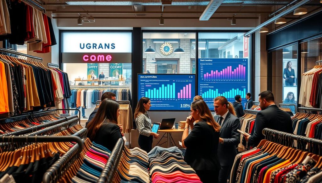 A bustling, modern clothing store setting filled with vibrant and stylish apparel showcased on racks. In the foreground, a diverse group of professionals in smart business attire, discussing strategies over sleek laptops and digital devices. The middle ground features a large screen displaying graphs and analytics related to data optimization, highlighting trends in local customer engagement. The background shows a storefront with bright windows, enticing window displays, and local community elements like nearby cafes and pedestrians. Soft diffused lighting casts a warm and inviting atmosphere, enhancing the sense of collaboration and innovation. The perspective captures an engaging, dynamic environment focused on leveraging data for effective local marketing.