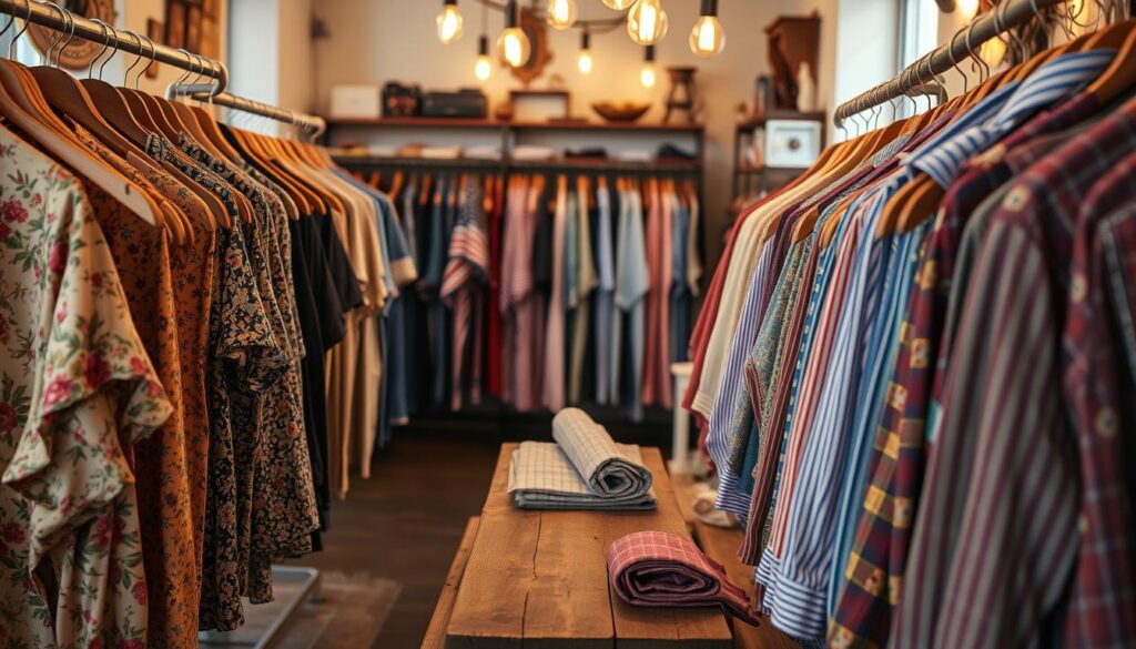A collection of vintage shirts displayed elegantly on wooden hangers inside a cozy boutique. In the foreground, a selection of colorful, patterned shirts with various textures, including floral prints, stripes, and retro designs, are prominently featured. The middle ground shows a rustic wooden table scattered with fabric swatches and a few rolled-up shirts, highlighting an inviting shopping experience. In the background, soft, warm lighting from vintage-style bulbs casts a welcoming glow, and a subtle hint of antique decor adds to the charm. The atmosphere is nostalgic yet vibrant, inviting customers to explore the stylish options for effortless bundling. The angle is a slightly elevated view, giving a comprehensive look at the vintage-inspired inventory.