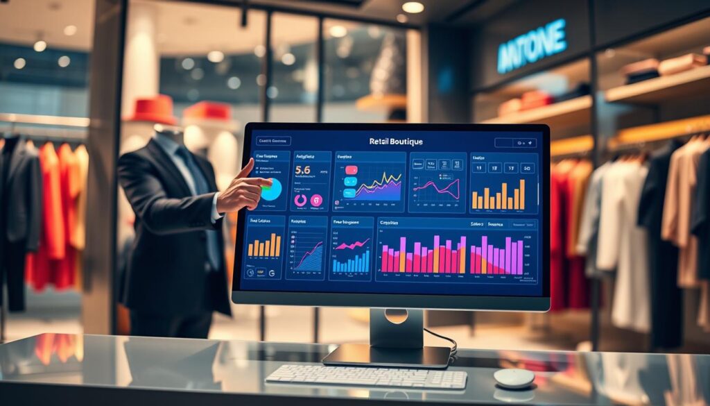 A contemporary boutique dashboard scene, showcasing a user interface designed for retail clothing operations. In the foreground, a sleek computer screen displays vibrant graphs, inventory management tools, and sales analytics in a stylish layout. In the middle, a professional person dressed in business casual attire gestures towards the screen, analyzing data. The background features a chic boutique filled with trendy clothing displays and soft, warm lighting that creates an inviting atmosphere. A blurred storefront window lets in natural light, enhancing the modern aesthetic. Use a shallow depth of field to focus on the dashboard while the boutique’s stylish interior creates a dynamic backdrop. Capture the sense of innovation and efficiency in this retail environment.