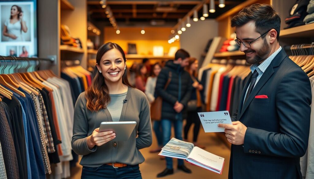 A cozy, inviting clothing store interior, showcasing a well-organized display of stylish clothing on racks. In the foreground, a professional-looking woman in modest casual attire stands, smiling, holding a tablet displaying glowing testimonials. On the opposite side, a well-dressed man reads feedback printed on a chic card, both expressing satisfaction and joy. The middle ground reveals other customers browsing contentedly, conveying a sense of community and confidence. The background features warm lighting accentuating the store's inviting atmosphere and colorful merchandise. The lens captures the essence of a busy, thriving clothing store, with an emphasis on social proof and customer satisfaction, creating a positive and encouraging mood.