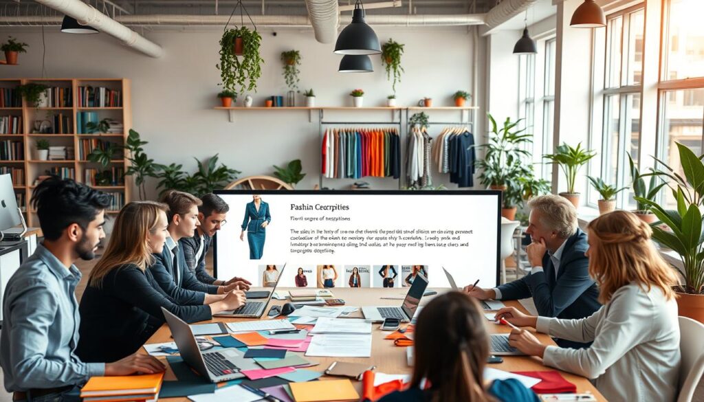 A creative workspace filled with inspiration for rewriting old product descriptions for clothing. In the foreground, a diverse group of professionals, dressed in business casual attire, are engaged in brainstorming ideas around a large table covered with colorful fabric swatches, notebooks, and laptops. In the middle, a digital screen displays a visually appealing rewrite of a clothing description, showcasing elegant typography and vibrant images of the clothes. The background features a bright and airy office with large windows letting in natural light, potted plants enhancing the workspace, and shelves lined with fashion books and magazines. The atmosphere is collaborative and innovative, emphasizing a modern approach to fashion marketing. Soft lighting casts a warm glow, creating an inviting mood that stimulates creativity.