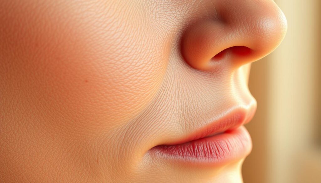 A detailed close-up of natural skin texture, showcasing subtle variations in tone and the intricate patterns of fine lines and pores. The foreground features a well-lit, smooth skin surface under soft, diffused lighting, demonstrating the natural imperfections that add character and authenticity. In the middle ground, the focus remains on the skin, with soft shadows creating depth around the facial contours. The background is softly blurred with warm tones, evoking a serene atmosphere. The lighting simulates a gentle window light, enhancing the skin's realism without harsh contrasts. This composition captures the essence of achieving a natural look in visual editing, illustrating the balance between authenticity and enhancement. The image reflects a mood of calmness and professionalism.