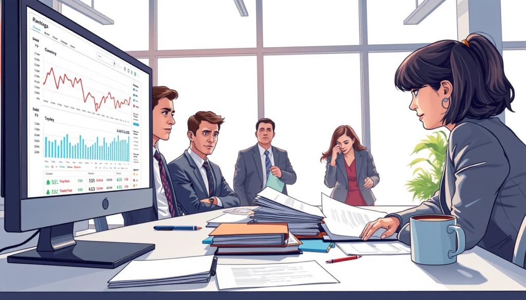 A detailed digital illustration depicting a professional workspace focused on SEO challenges. In the foreground, a sophisticated computer screen displays analytics graphs and rankings declining due to AI-generated content. A diverse group of business professionals, dressed in business attire—two individuals, one male and one female, observing the screen with worried expressions. In the middle, cluttered desk items such as SEO guides, notebooks, and a cup of coffee, symbolizing the effort involved in managing SEO risks. The background features a modern office environment with large windows letting in soft natural light, creating a clear yet serious atmosphere. The overall mood reflects concern and urgency, emphasizing the impact of AI on visibility and search engine rankings in a professional setting.