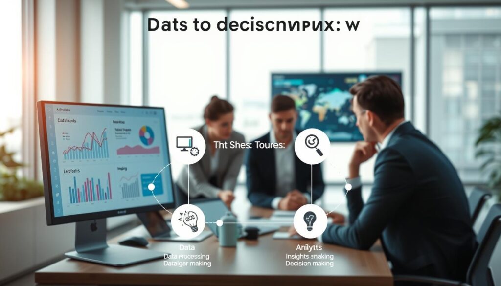A detailed infographic illustrating the "data to decisions workflow" in an AI sales analysis context. In the foreground, a sleek digital dashboard displaying graphs and charts that visually represent sales data and AI insights. In the middle, a series of interconnected steps, labeled intuitively, showing the workflow: Data Collection, Data Processing, AI Analysis, Insights Generation, and Decision Making. Each step should be represented with relevant icons, like a magnifying glass for analysis and a light bulb for insights. In the background, a modern office environment with professionals in business attire, collaborating around a table, intently reviewing the dashboard on a large screen. The lighting is bright and inviting, emphasizing a tech-savvy, forward-thinking atmosphere with a slightly blurred focus on the background to draw attention to the workflow steps.