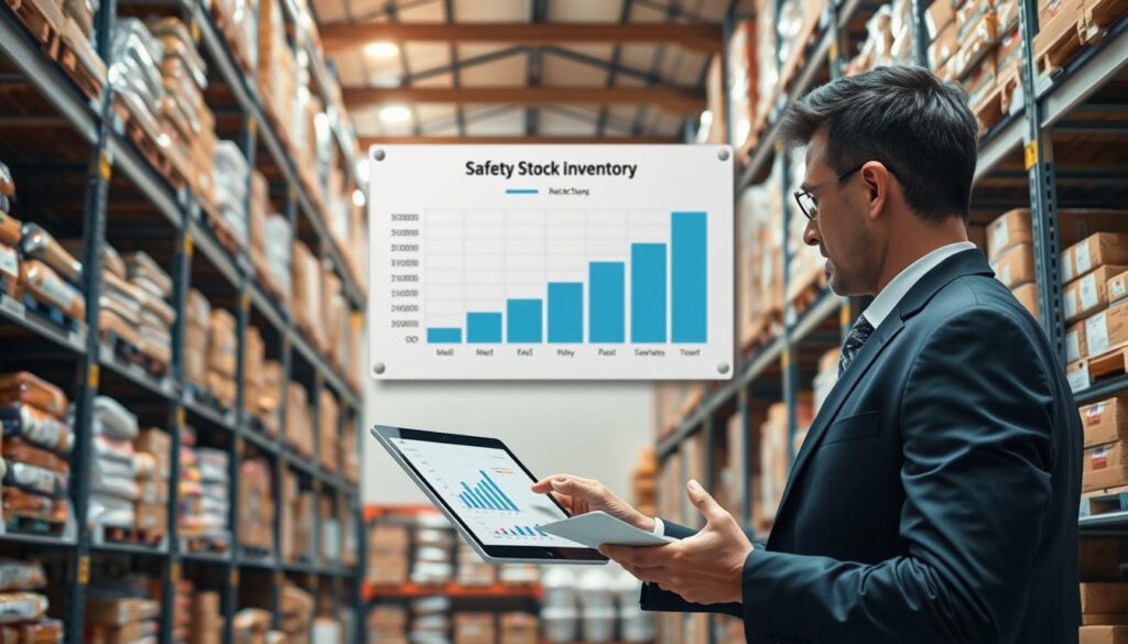 A detailed warehouse scene illustrating the concept of safety stock inventory, showcasing neatly organized shelves filled with various packaged goods. In the foreground, a professional wearing a business suit is analyzing data on a tablet, with calculated charts and graphs displayed clearly on the screen. In the middle, a large safety stock indicator chart is mounted on the wall, visually representing levels of inventory and safety stock metrics. The background features ambient warehouse lighting casting gentle shadows, with a focus on the abundant stock of items to symbolize security against stockouts. The overall atmosphere is one of efficiency and preparation, conveying a sense of organization and business professionalism.