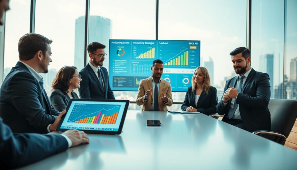 A dynamic business scene depicting pricing recommendations in a modern office environment. In the foreground, a diverse group of professionals in business attire are gathered around a sleek conference table, examining a digital tablet displaying colorful graphs and pricing models. In the middle ground, a large screen shows innovative pricing strategies and revenue forecasts in a visually engaging infographic style. The background features a clear glass window revealing a city skyline, symbolizing growth and opportunity. Soft, natural lighting floods the room, creating an inspirational atmosphere. The perspective is slightly elevated, giving a comprehensive view of the collaboration and focus on strategic planning. The overall mood is energetic and forward-thinking, underscoring the theme of optimizing profit margins with AI through high-impact pricing strategies.
