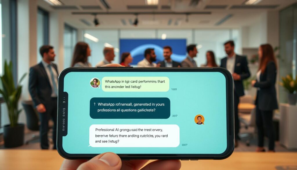 A dynamic scene demonstrating WhatsApp as a high-performance channel for lead qualification. In the foreground, a smartphone displays a WhatsApp chat with professional AI-generated questions, showcasing clear, engaging discussion bubbles. The middle layer features a diverse group of professionals in business attire, engaged in animated conversation, exuding enthusiasm and focus. In the background, a modern office setting with sleek furniture and bright, natural lighting, creating an atmosphere of productivity and collaboration. Soft-focus elements like plants and minimalist decor enhance the ambiance without distractions. The overall mood conveys innovation, efficiency, and a forward-thinking approach to communication. The lighting is bright and welcoming, hinting at a positive and engaging digital interaction.