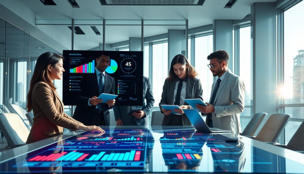 A futuristic office environment with a diverse group of professionals, including a woman of Asian descent and a man of African descent, engaged in a collaborative discussion around a modern, sleek conference table. In the foreground, a digital screen displays dynamic, colorful graphs and charts illustrating AI-assisted customer service metrics. The middle layer features additional team members analyzing customer feedback on tablets and laptops, emphasizing a sense of teamwork and efficiency. The background showcases large windows with natural light flooding the space, creating a bright and inviting atmosphere. Soft shadows enhance the depth, while a subtle lens flare softens the scene for a vibrant, tech-forward mood. The attire of all individuals is professional, reflecting a modern corporate setting focused on innovation.