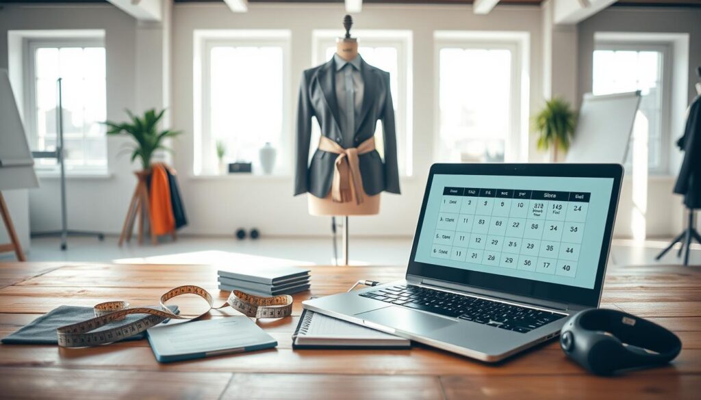 A meticulously organized workspace showcasing a size guide for fashion. In the foreground, a well-lit wooden table features an open laptop displaying a digital sizing chart alongside measuring tapes, fabric swatches, and a notebook filled with notes. In the middle ground, a mannequin dressed in a stylish yet professional outfit stands, demonstrating proper garment fit, while a measuring tape wraps around its waist. The background captures a bright, airy studio space with large windows allowing natural light to flood in, creating a warm and inviting atmosphere. The focus is on clarity and professionalism, with an emphasis on the importance of accurate sizing in fashion. This image should evoke inspiration and professionalism while illustrating the role of clear size guides.