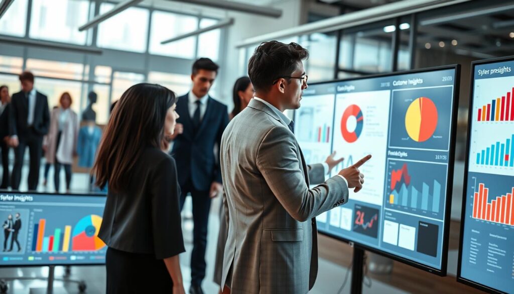 A modern and dynamic workspace showcasing a diverse group of professionals analyzing clothing data on large digital displays. In the foreground, two well-dressed individuals – a woman in a smart blazer and a man in a tailored suit – are engaged in discussion while pointing at graphs depicting style preferences and customer insights. The middle ground features sleek monitors illuminated with colorful data visualizations, including pie charts and bar graphs. In the background, a futuristic office with floor-to-ceiling windows lets in soft, natural light, creating an uplifting atmosphere. The scene is framed with a shallow depth of field to emphasize the data and the professionals, evoking a sense of innovation and collaboration in fashion technology.