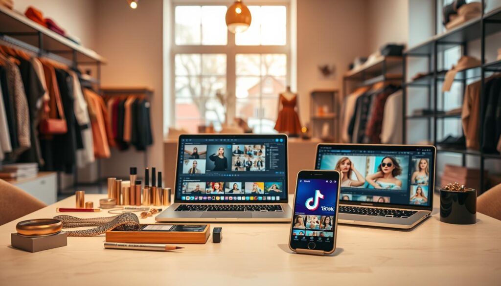 A modern and stylish boutique workspace, featuring a well-organized table in the foreground, adorned with high-quality fashion items like clothing, accessories, and makeup products. In the middle ground, a sleek laptop displays an editing software interface with clips of potential TikTok videos, while a smartphone rests beside it showcasing a TikTok app screen with vibrant boutique content. The background shows a beautifully curated boutique environment with soft pastel colors, warm lighting, and shelves filled with merchandise. Use natural light streaming through large windows to create an inviting atmosphere. The image captures a sense of creativity and professionalism, designed to inspire boutique owners to generate engaging TikTok videos.
