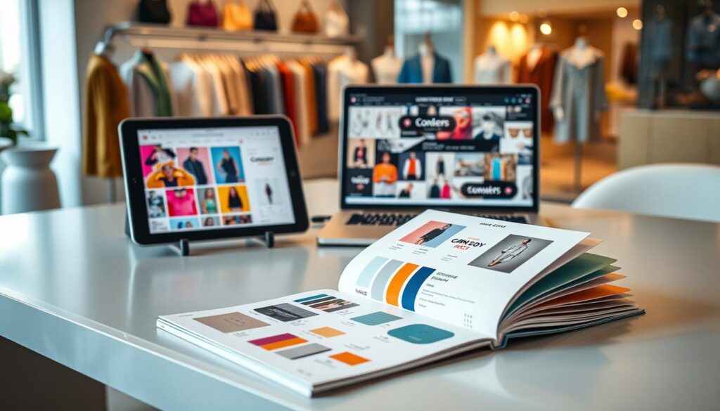 A modern brand kit layout on a sleek, minimalist tabletop. In the foreground, a stylish open notebook with color swatches, logo designs, and typography samples, all neatly arranged. To the left, a digital tablet displaying a well-crafted Instagram post template for a clothing store, featuring vibrant visuals and trendy designs. In the middle, a laptop with Canva AI open, showcasing a user-friendly interface filled with brand assets. The background features soft-focus clothing store elements like fabric swatches and stylish mannequins, enhancing the context. The lighting is bright and inviting, with a soft natural glow illuminating the workspace. The overall atmosphere is creative and professional, inspiring a sense of consistency and branding excellence.