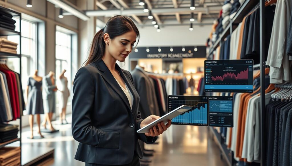 A modern clothing store inventory management scene, showcasing a well-organized stockroom filled with neatly arranged clothing items on shelves and hanging racks. In the foreground, a professional businesswoman in smart attire is using a tablet to analyze inventory data. The middle ground displays a high-tech inventory management system with screens showing predictive analytics graphs. The background features a stylish retail space with mannequins and a sales floor view, subtly indicating a bustling atmosphere. Natural light streams in through large windows, casting soft shadows, enhancing the focus on the manager and technology. The overall mood is efficient and forward-looking, emphasizing innovation in inventory management.