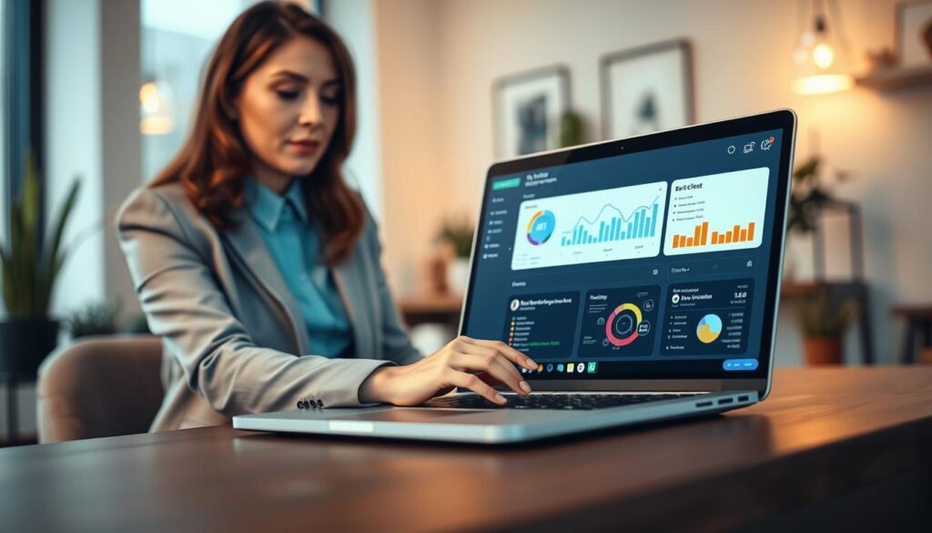 A modern digital workspace featuring a sleek laptop displaying an AI customer support interface with vibrant graphs and chat features. In the foreground, a professional woman in business attire interacts with the laptop, her expression focused and engaged. Slightly blurred in the background, a cozy and stylish office with plants and soft lighting creates a welcoming atmosphere. The lighting is warm and soft, highlighting the woman's features and the screen. Use a shallow depth of field to emphasize the laptop's details, suggesting a busy yet organized environment. The overall mood is productive and innovative, conveying the effectiveness of AI tools in enhancing customer support services.
