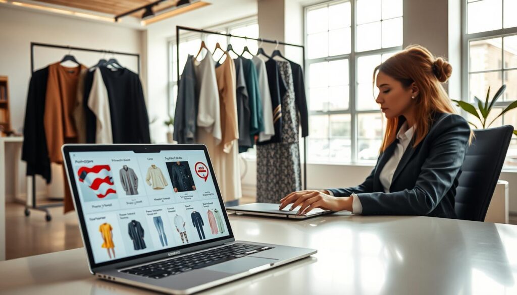A modern office environment featuring a professional woman in business attire, seated at a sleek desk, analyzing product descriptions on her laptop. The foreground showcases the laptop screen, displaying a colorful interface of clothing items with detailed descriptions in both English and another language. In the middle ground, a stylishly arranged clothing rack with various garments, reflecting a blend of contemporary fashion styles. The background includes a well-lit workspace, adorned with minimalistic decor and large windows allowing natural light to filter in, creating an open and inviting atmosphere. Soft, warm lighting enhances the mood of productivity and innovation, capturing the essence of translating product descriptions for online retail. The angle is slightly overhead, focusing on the interaction between the professional and her digital tools.