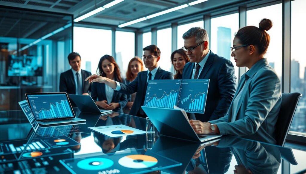 A modern office environment, where a diverse group of professionals gather around a sleek, glass conference table, examining digital charts and graphs displayed on laptops and smart screens. In the foreground, a businesswoman in professional attire points to a graph showcasing sales forecasts, while a businessman adjusts his glasses, closely studying the data. The middle ground features various data visualization elements like trend lines and pie charts, glowing softly under cool fluorescent lighting. In the background, large windows reveal a city skyline, casting natural light into the room, enhancing a collaborative and innovative atmosphere. The overall mood is focused and analytical, reflecting the importance of choosing effective forecasting methods tailored to business contexts.