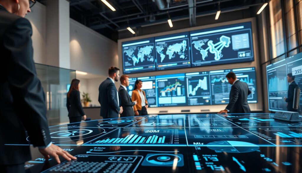 A modern office setting filled with advanced technology illustrating a cohesive system for clothing supplier management. In the foreground, a sleek digital dashboard displays interconnected data streams related to Product Lifecycle Management (PLM) and Enterprise Resource Planning (ERP), highlighting analytics and real-time updates. In the middle ground, a diverse group of professionals in business attire collaborates around a high-tech table, analyzing data and sharing insights. The background features large screens with graphs and supply chain maps, emphasizing the concept of a “Single Source of Truth.” Bright, natural lighting floods the space, creating an atmosphere of innovation and efficiency. Capture this scene using a wide-angle lens to showcase the dynamic interactions and technological sophistication of the environment.