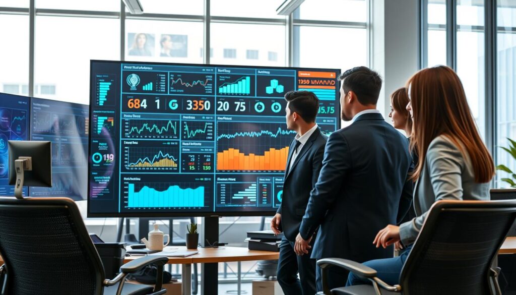 A modern office setting showcasing a dynamic dashboard displaying real-time data analytics. In the foreground, a diverse team of professionals in smart business attire are intently analyzing a large digital screen filled with charts, graphs, and stock data, their expressions reflecting focus and collaboration. In the middle, the sleek ergonomic furniture and clutter-free workspace emphasize a tech-savvy atmosphere. The background features large windows, allowing natural light to flood the room, highlighting the vibrant colors on the screens. Use a wide-angle lens to capture the entire scene, creating a sense of depth. The mood is energetic and innovative, illustrating the synergy of AI in optimizing inventory and enhancing demand forecasting.