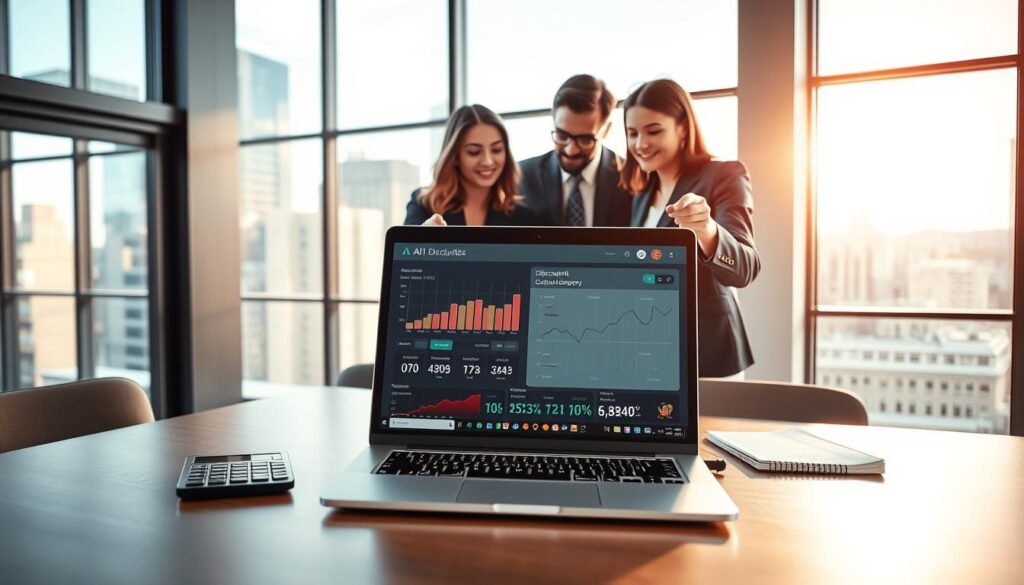 A modern office setting with a sleek desk in the foreground, featuring a laptop displaying a sophisticated AI interface that calculates discounts. The screen shows visually appealing graphs and percentages. To the side, a calculator and a notepad filled with numbers sit neatly. In the middle ground, a diverse group of three professionals, dressed in smart business attire, collaborate on discount strategies, pointing at the laptop with engaged expressions. The background features large windows with city views, allowing natural light to pour in, creating a bright and optimistic atmosphere. The image captures a sense of teamwork and innovation, highlighting the use of AI in financial decision-making, with a warm color palette enhancing the mood of productivity and professionalism.