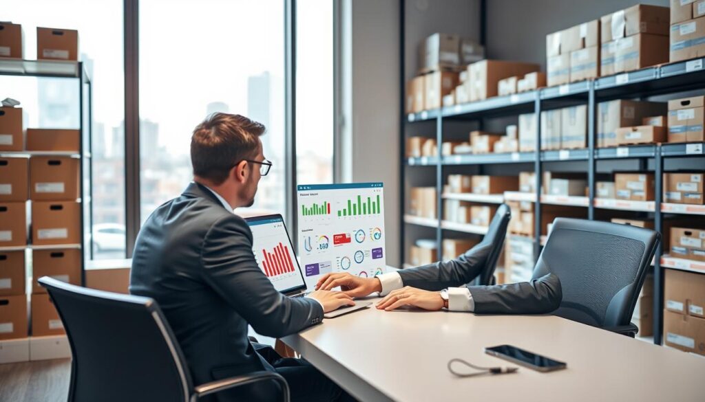 A modern office space focused on inventory management. In the foreground, a professional businessperson in smart attire is seated at a sleek desk, analyzing data on a laptop with a digital dashboard displaying low stock alerts, colorful graphs, and inventory statistics. The middle ground features organized shelves filled with neatly labeled boxes and inventory items, emphasizing order and efficiency. The background reveals a large window with natural light streaming in, casting soft shadows, and a cityscape visible outside, enhancing the contemporary feel. The atmosphere conveys a sense of productivity and strategic planning, highlighting the importance of proactive inventory management. The composition should have a balanced focus with clear details and a warm, inviting ambiance.