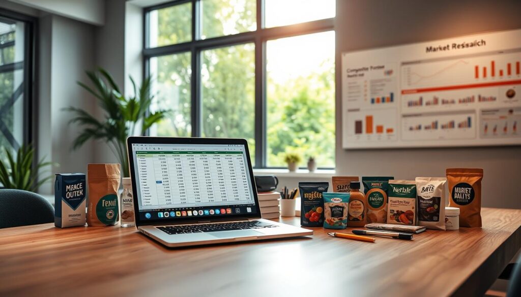 A modern office workspace showcasing a variety of competitor products on a sleek wooden desk. In the foreground, there is a laptop open to a market analysis spreadsheet displaying various product prices. Surrounding the laptop are visually appealing product packages and branding materials from multiple competitors, showcasing diverse designs and colors. In the middle ground, a large window allows natural light to stream in, casting an inviting glow on the scene, while lush greenery can be seen outside, enhancing the vibrant atmosphere. In the background, a wall-mounted display board features a strategic research plan with charts and graphs. The overall mood is focused and professional, suitable for business research. Captured from a slight angle to highlight depth and detail, using soft lighting to create a warm ambiance.