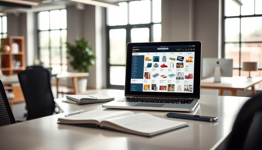 A modern, professional workspace featuring a digital product catalog displayed on a sleek laptop. In the foreground, close-up view of the laptop screen showcases an organized layout of products with clear categories and variations, surrounded by colorful images of various items like clothing, electronics, and home goods. In the middle ground, a neatly arranged desk with a planner and a high-tech tablet reflects an organized approach to inventory management. The background features a well-lit office environment with large windows allowing natural light to flood in, creating a bright and inviting atmosphere. The mood is focused and efficient, emphasizing the importance of structure in product catalog management. No people are present in the image, allowing the viewer to concentrate on the catalog itself.