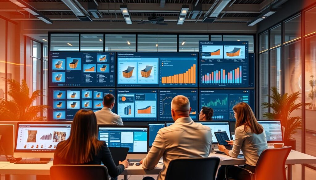 A modern, sleek digital workspace showcasing "SKU-level product matching" with various product images displayed on computer screens. In the foreground, a diverse team of professionals in business attire, focused and analyzing data on their laptops and tablets, highlighting collaboration. The middle layer includes large, high-resolution screens showcasing graphs, SKU comparisons, and AI-powered analytics dashboards. The background features a contemporary office setting with glass walls, subtle greenery, and soft ambient lighting, creating a stimulating yet professional environment. Use a wide-angle lens effect to emphasize the workspace's intricacy and a warm, inviting color palette to convey a sense of innovation and efficiency in AI technology. The atmosphere should feel dynamic and forward-thinking, reflecting the advanced capabilities of AI in price tracking.