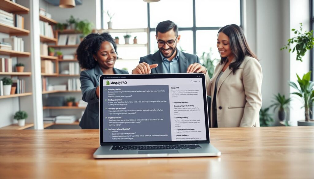 A modern, spacious office setting with a sleek wooden desk in the foreground, featuring a laptop open to a Shopify FAQ page displaying organized questions and answers. In the middle, a diverse group of three professionals—one Black woman, one Hispanic man, and one Asian woman—are collaborating enthusiastically, pointing at the screen. They are dressed in smart business attire, embodying a sense of professionalism and creativity. The background showcases shelves filled with books and plants, with soft, natural light streaming in from large windows, creating a bright and inviting atmosphere. The angle is slightly elevated, focusing on the group’s engagement with the technology while capturing the essence of teamwork and innovation in a digital commerce environment.