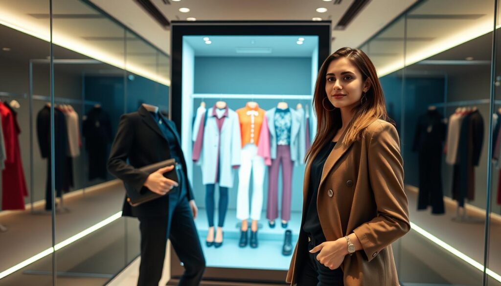 A modern virtual try-on experience showcasing a stylish, professional woman in a trendy outfit, standing in a well-lit virtual fitting room. She is examining herself in a large, interactive mirror that displays different clothing options. The foreground features the woman in smart casual attire, with a focus on her confident expression as she assesses each look. In the middle, the virtual mirror shows a variety of colorful and fashionable garments overlaying her reflection, suggesting customization. The background reveals sleek, minimalist design elements with soft, ambient lighting that creates a warm and inviting atmosphere. The angle captures the woman slightly off-center, emphasizing the high-tech elements of the virtual fitting room while maintaining a professional and approachable mood.