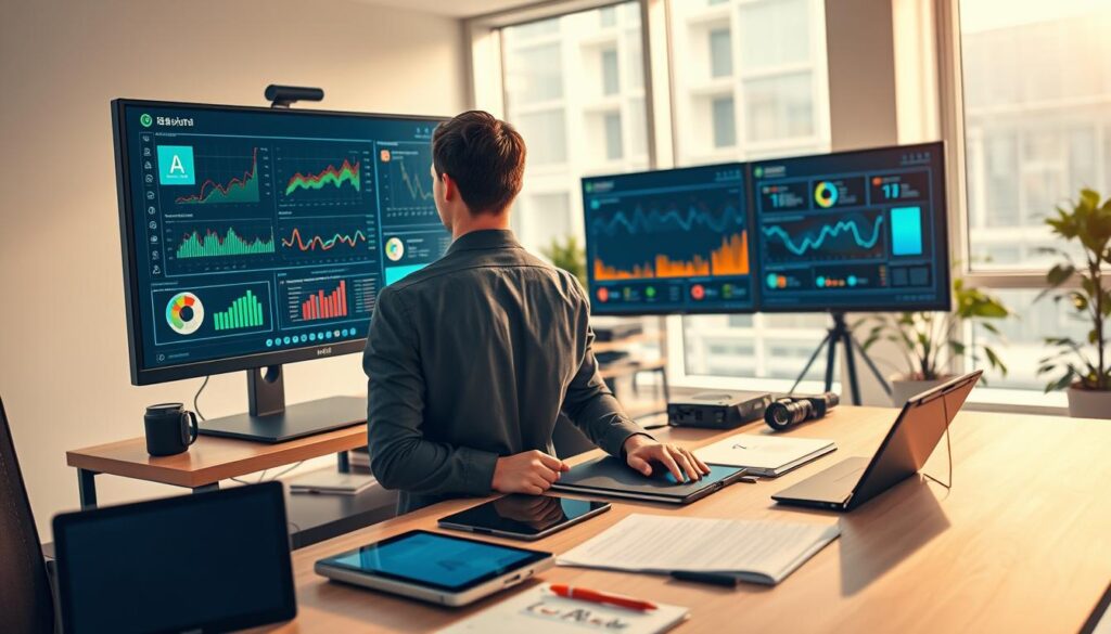 A modern workspace featuring a sleek computer setup displaying advanced data tracking software on the screen, with colorful graphs and analytics visually stunning. In the foreground, a professional individual in smart casual attire, intently observing the data, surrounded by digital devices like tablets and smartwatches. The middle layer includes an organized desk with files and notes about AI tools and integrations, while the background reveals a bright, airy office with large windows letting in soft, natural light, creating a productive atmosphere. The overall mood is focused and inspiring, emphasizing efficiency and innovation in using AI for daily routines, captured from a slightly elevated angle to provide depth and perspective.