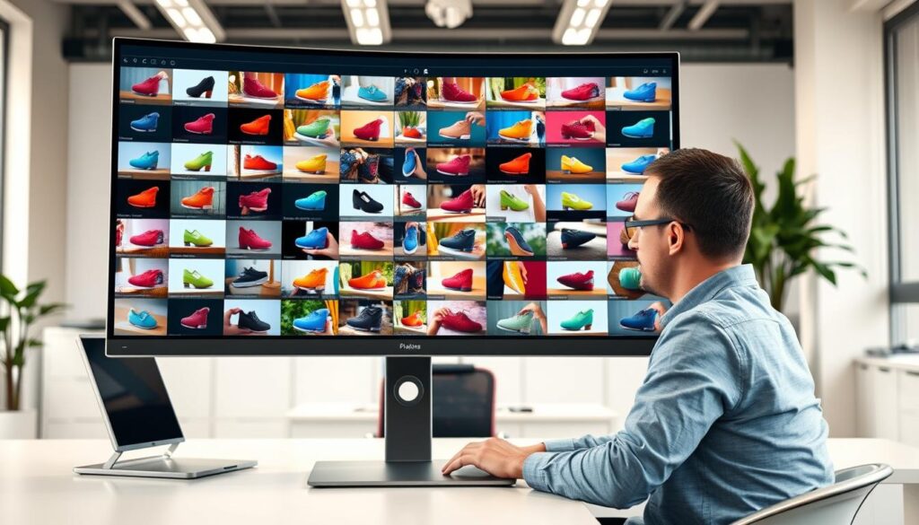A modern workspace showcasing an advanced AI software interface for batch editing product photos. In the foreground, a sleek computer monitor displays a grid of 50 high-quality product images, each being simultaneously edited with vibrant colors and enhanced features. In the middle ground, a focused professional in smart casual attire navigates the software, with tools and options clearly visible on the screen. The background is filled with soft office lighting, emphasizing a clean, organized environment decorated with plants and minimalistic furnishings. The atmosphere is one of efficiency and innovation, capturing the transformative nature of AI technology in product photography. The angle is slightly elevated, providing a comprehensive view of the workspace while maintaining a sharp focus on the monitor.