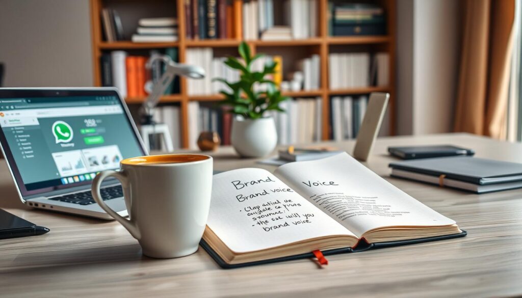 A polished desktop scene featuring a stylish notebook open with handwritten notes on brand voice, surrounded by a laptop displaying a WhatsApp interface. In the foreground, include a smart coffee cup with steam rising, symbolizing creativity. In the middle ground, showcase an organized workspace with a potted plant and minimalistic stationery, adding a touch of warmth. The background should feature a softly lit bookshelf filled with business books, creating an atmosphere of professionalism and focus. Use natural, diffused lighting to evoke a calm and reflective mood. The perspective should be slightly angled to capture depth, emphasizing the importance of preparation in crafting effective communication. Ensure all elements are positioned harmoniously without text or distractions.