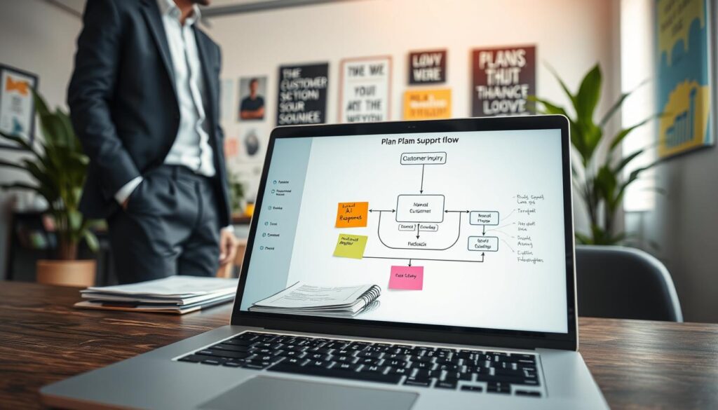 A professional and organized workspace showcasing a "plan support flow" diagram for automating WhatsApp replies. In the foreground, there is a sleek, modern laptop displaying a vibrant flowchart connecting various elements like customer inquiry, AI response, and feedback loop. In the middle layer, a notepad and colorful sticky notes outline brainstorming ideas, while a business professional in smart casual attire analyzes the diagram. The background features a well-lit office with plants and motivational posters, creating an inspiring atmosphere for collaboration. Natural light filters through the window, enhancing the calm and focused mood of the environment. The angle is slightly overhead, capturing the essence of planning and strategy.
