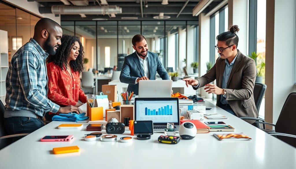 A professional business setting featuring a diverse team of four individuals analyzing various products displayed on a sleek, modern conference table. In the foreground, there are vibrant product samples—clothing, electronics, and kitchenware—arranged artistically. The middle ground showcases the team engaged in discussion, with one person pointing at a digital planner on a laptop, illustrating AI-driven analytics. The background reveals an office space with floor-to-ceiling windows letting in natural light, casting soft shadows and creating a cooperative atmosphere. The image conveys a sense of innovation and collaboration, with warm colors enhancing the inviting mood. Use a wide-angle lens to capture the entire scene in sharp focus, emphasizing the assortment of products and the dynamic interaction of the team.