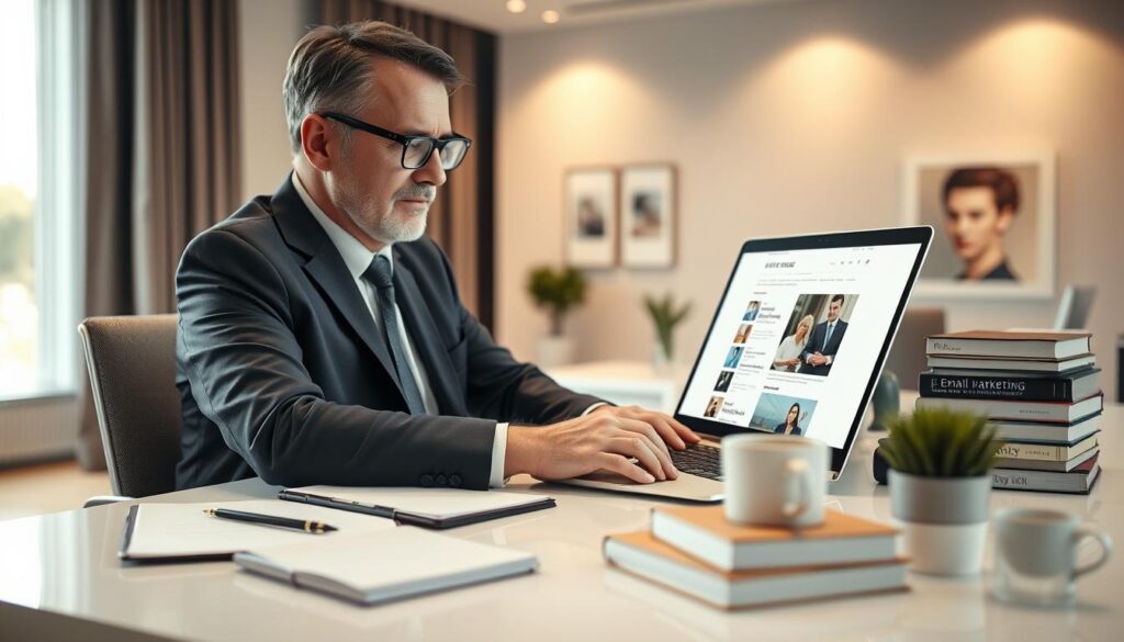A professional editor seated at a sleek, modern desk, intently reviewing elegant email templates displayed on a laptop screen. The foreground features the editor, a middle-aged individual in smart business attire, with glasses perched on their nose, surrounded by stylish stationery and a notepad filled with handwritten notes. In the middle ground, a neatly organized workspace with a coffee mug, a potted plant, and a stack of email marketing books. The background showcases a sophisticated office environment with soft ambient lighting, casting a warm glow over the scene. The mood is focused and creative, reflecting a blend of professionalism and innovative thinking, captured with a shallow depth of field to emphasize the editor's concentration and skill.