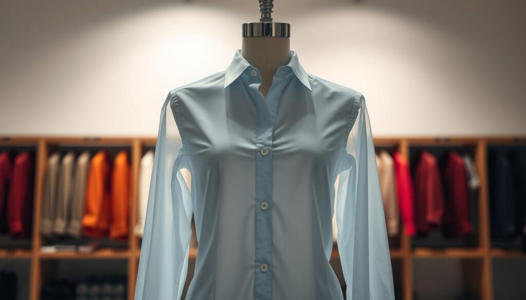 A professional ghost mannequin image featuring a stylish clothing item, such as a tailored dress or shirt, displayed on a transparent mannequin that blends seamlessly into the background. The foreground highlights the clothing’s intricate details, such as stitching and fabric texture, while creating a sense of depth. In the middle ground, soft, diffused lighting enhances the colors and shadows, giving a three-dimensional appearance. The background is softly blurred to provide an elegant and polished look, allowing the focus to remain on the clothing. Captured from a slightly elevated angle, the image conveys a clean, modern atmosphere, invoking a sense of sophistication and professionalism relevant to high-end fashion displays.