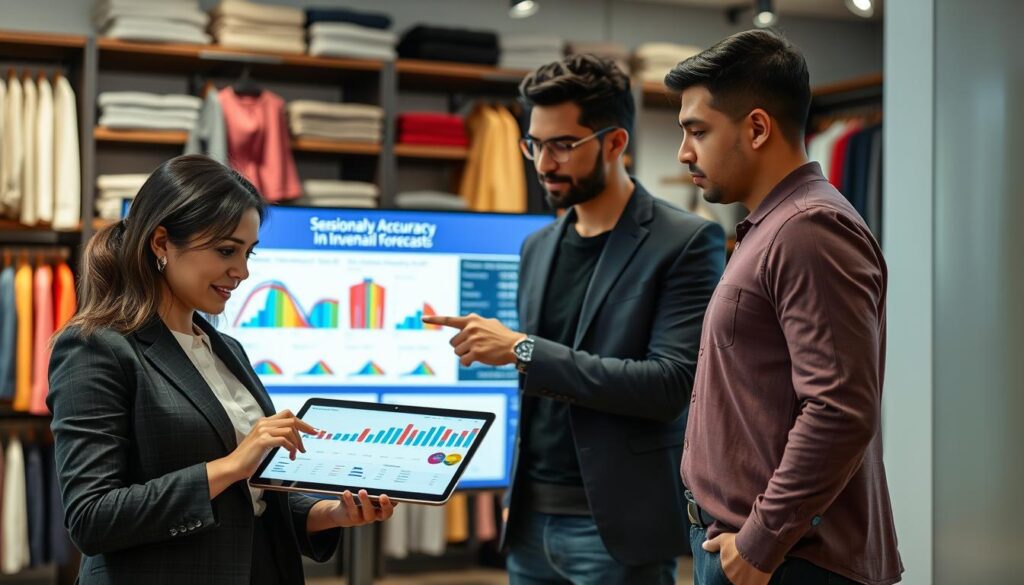 A professional meeting space featuring a diverse group of individuals discussing fashion inventory metrics. In the foreground, a woman in smart business attire examines a tablet displaying charts and graphs related to inventory accuracy. In the middle, a large digital screen shows colorful visualizations of seasonal demand forecasts for clothing. A fashionable man stands beside her, pointing at the screen with a thoughtful expression. In the background, shelves filled with neatly arranged clothing items create a vibrant retail atmosphere. Soft, warm lighting enhances the teamwork spirit, with a slightly blurred depth of field focusing on the analysis taking place. The mood conveys professionalism and collaboration, emphasizing the significance of accurate forecasting in the fashion industry.