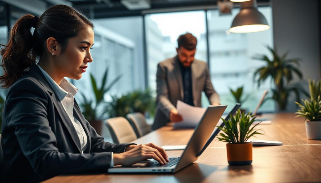 A professional office setting where a diverse group of business professionals is engaged in a discussion about generating AI return messages. In the foreground, a woman in professional attire is thoughtfully typing on a laptop, with a look of concentration on her face. In the middle background, two colleagues, a man and a woman, are reviewing a document together at a conference table, showcasing teamwork. The lighting is bright and focused, creating a warm and productive atmosphere. Soft shadows cast by the overhead lights add depth. The camera angle is slightly elevated, providing a clear view of the interactions and the high-tech office space adorned with plants and modern decor, encapsulating a sense of innovation and collaboration.