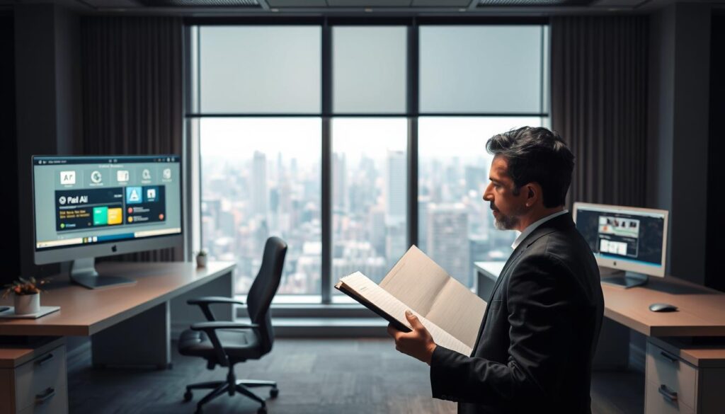 A professional office setting with two distinct workspaces: on the left, a sleek desk featuring a high-end computer with an open paid AI software interface, glowing softly with a warm light; on the right, a simple desk with a standard computer showing a free version of AI software, dimly lit. In the foreground, an individual in professional business attire thoughtfully examines a notebook, weighing the pros and cons of each option. The middle ground showcases a large window with cityscape views, letting in natural light that creates a contrast between the two work areas. The atmosphere is contemplative, highlighting the decision-making process regarding the value of paid AI tools for productivity.