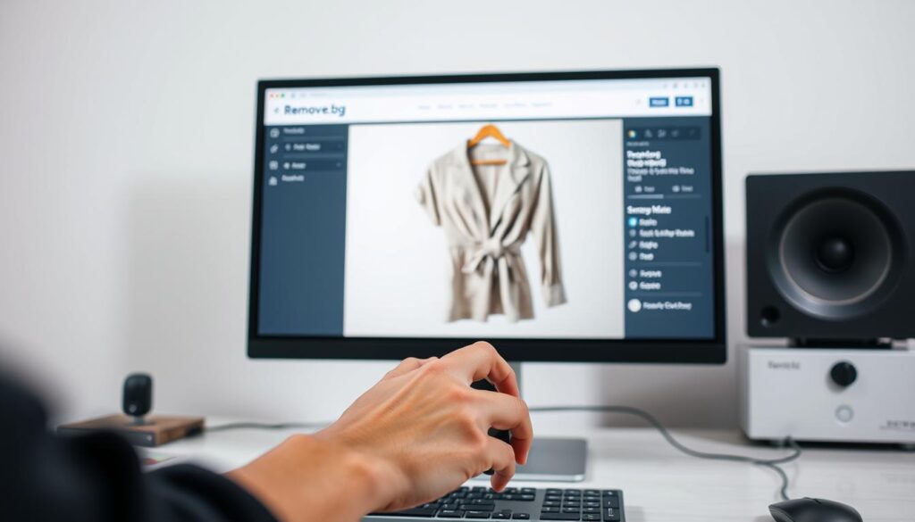 A professional workspace featuring a computer screen displaying the Remove.bg interface, showcasing an image of a clothing item with a transparent background. In the foreground, a pair of hands skillfully using a mouse as they navigate the Remove.bg website. The middle layer includes a stylishly draped garment, like a dress or a shirt, appearing before a neutral background that simulates a well-lit studio setting. Soft, diffused lighting creates a clean and modern atmosphere, emphasizing the garment and the technology in use. The angle should be slightly tilted to capture both the hands and the screen effectively, illustrating the step-by-step process of removing clothing photo backgrounds in a visually appealing manner.