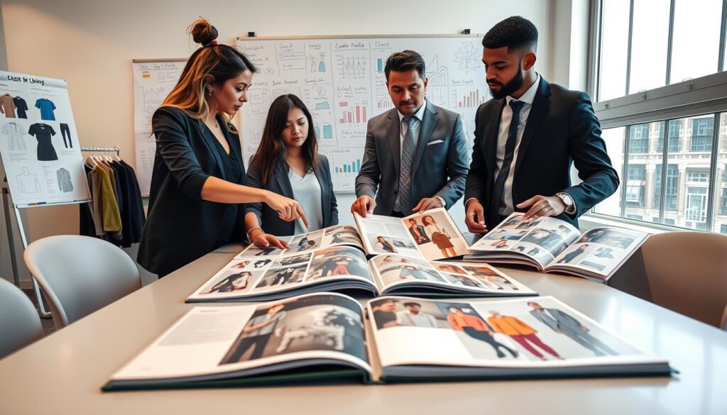 A professional workspace showcasing "product catalog readiness" for fashion retail. In the foreground, a sleek table displays several open product catalogs showcasing various clothing items, neatly arranged. In the middle, a diverse team of three professionals—one woman and two men—are engaged in discussion, pointing to specific pages in the catalogs while dressed in modern business attire. Behind them, a whiteboard filled with charts and data analysis hints at algorithm choices and strategies for cross-selling. Bright, natural light floods the room through large windows, creating an inviting atmosphere. The camera angle is slightly elevated, capturing both the team’s engagement and the detailed product displays. The overall mood is collaborative and innovative, emphasizing the importance of data and preparation in retail success.