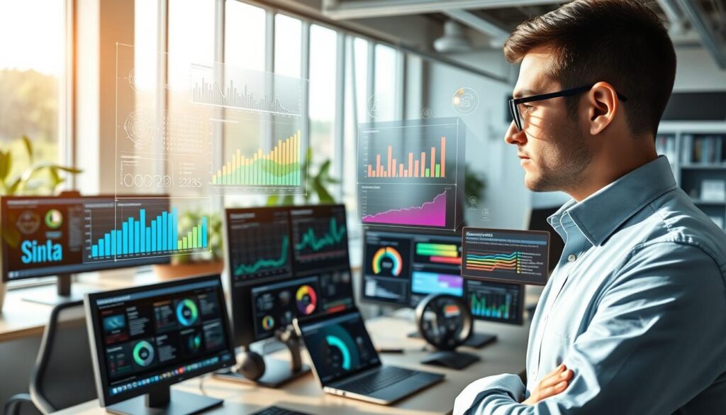 A serene workspace filled with advanced AI technology and data visualization. In the foreground, a professional individual in business attire analyzes an interactive holographic display showing graphs and patterns of customer preferences. In the middle, sleek computers and smart devices showcase various analytics dashboards, surrounded by vibrant infographics that represent core signals such as purchasing habits and feedback trends. The background features a well-lit office space with large windows, allowing natural light to flood in, casting soft shadows on the modern decor. The atmosphere is one of innovation and focus, reflecting a collaborative effort in understanding customer insights through AI technology. The scene captures a balance of creativity and professionalism, emphasizing the evolving nature of customer analysis without any distractions like text or watermarks.