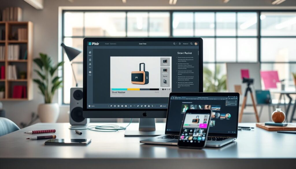 A sleek and modern digital workspace showcasing the Pixlr Smart Resize feature in action. In the foreground, a high-resolution product image is displayed on a computer screen, with the Pixlr Smart Resize interface open, featuring vibrant visual elements like sliders and resize options. The middle ground features a stylish, minimalistic desk with a laptop and a smartphone, both showing the outside view of a bustling creative studio. In the background, soft natural light filters through a large window, illuminating the vibrant color palettes and tools scattered around, evoking a productive and innovative atmosphere. The scene should be captured with a slight depth of field to emphasize the Pixlr interface, creating a dynamic yet professional mood, inviting viewers to explore AI-powered image resizing solutions.