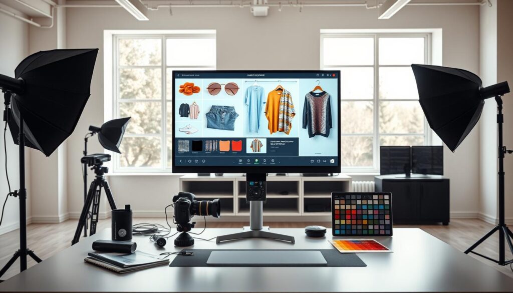 A sleek, modern workspace featuring a dynamic AI product photography image generator interface on a large, high-resolution monitor in the foreground. The screen displays various clothing items being enhanced with vibrant colors and textures, illustrating the transformative power of the tool. In the middle ground, a well-organized desk with professional photography equipment, including a camera, softbox lights, and color swatches, adds depth to the scene. The background shows a bright, airy studio space with natural light filtering through large windows, creating a warm and inviting atmosphere. The overall mood is one of innovation and creativity, emphasizing the excitement of using AI to revolutionize product photography. The image is shot from a slightly elevated angle, providing a comprehensive view of the workspace without any people or distractions.