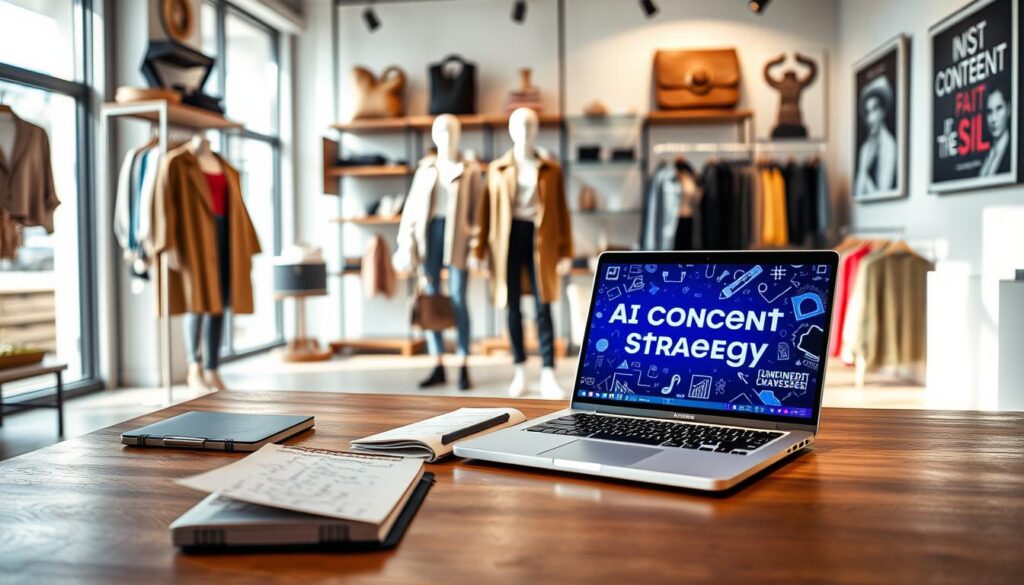 A stylish boutique interior featuring a well-organized display of trendy clothing and accessories. In the foreground, a sleek wooden table showcases a laptop with a vibrant digital interface indicating AI content strategy, alongside a notebook filled with handwritten ideas. The middle ground includes mannequins dressed in fashionable outfits, strategically placed to attract attention. The background reveals shelves adorned with fashionable items and posters displaying AI-generated content inspiration. Soft natural light streams in through large windows, creating an inviting ambiance. The mood is professional yet creative, capturing the essence of modern retail strategy. The scene is photographed from a slightly elevated angle, offering a comprehensive view of the boutique layout without any text or distractions.