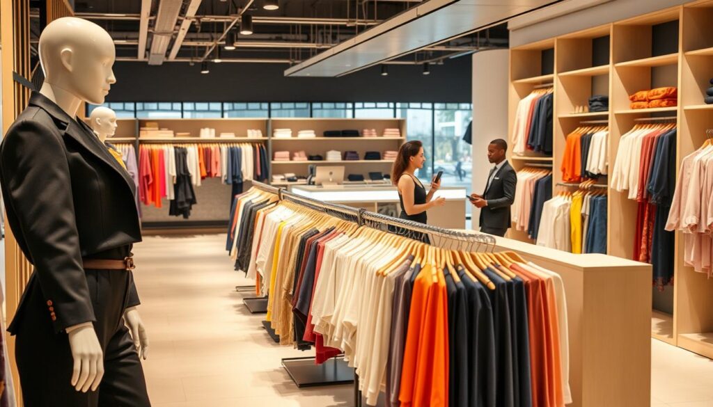 A stylish clothing store interior featuring a well-organized display of trendy apparel. In the foreground, a mannequin dressed in elegant professional attire, showcasing the latest fashion recommendations. The middle ground includes neatly arranged clothing racks filled with various colorful pieces, emphasizing seasonal trends. In the background, a sleek modern checkout counter with a friendly sales associate engaged in conversation with a customer, dressed in smart casual clothing. Soft, warm lighting creates an inviting atmosphere, highlighting the textures of the fabrics. The scene is captured from a slightly elevated angle, offering a comprehensive view of the store layout. The overall mood is vibrant yet sophisticated, suggesting a seamless blend of technology and fashion in enhancing the shopping experience.