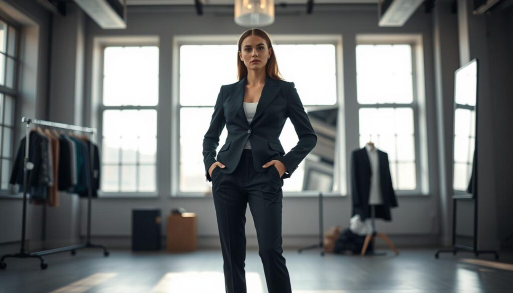 A stylish fashion photo shoot showcasing a model in professional business attire, standing confidently in a well-lit studio environment. The foreground features the model's striking pose, highlighting the details of their tailored blazer and elegant trousers, emphasizing the fabric textures. In the middle ground, a soft gradient of natural light spills in through large windows, casting a gentle glow and creating a perfect ambiance to illustrate the importance of lighting in fashion photography. The background includes blurred props like clothing racks and rollaway mirrors, maintaining focus on the model. The overall mood is sophisticated and contemporary, capturing the essence of fashion while demonstrating how AI can enhance photo quality through lighting adjustments. The composition is shot at a slight angle with a shallow depth of field for an artistic touch.