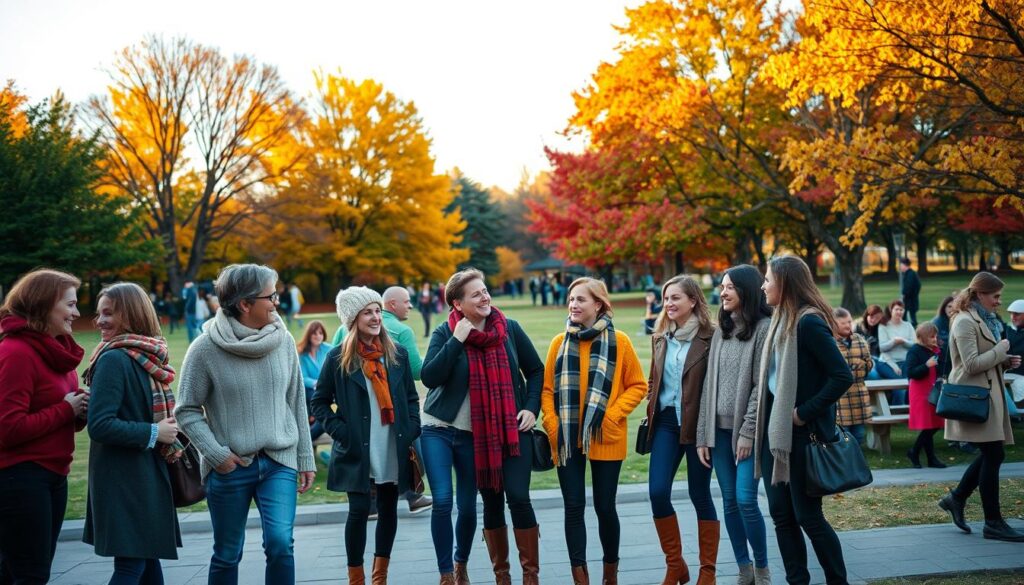 A stylish outdoor scene showcasing seasonal fashion trends in a vibrant park setting. In the foreground, a diverse group of individuals dressed in chic autumn outfits, featuring layered sweaters, scarves, and fashionable boots, engage in lighthearted conversation. In the middle ground, a colorful backdrop of trees with golden and red foliage enhances the warmth of the autumn season, while groups of people enjoy leisurely activities, including picnicking and strolling. The background reveals a clear blue sky, illuminated by soft golden sunlight, casting gentle shadows on the ground. The overall mood is inviting and cheerful, reflecting a sense of community and the delightful essence of seasonal fashion. The image should be captured with a medium wide-angle lens to create depth while focusing on the fashion details.